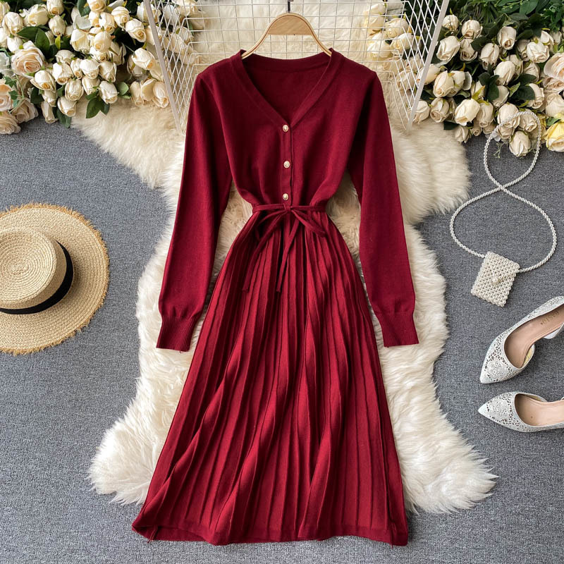 

2021 New Solid female mesh long elastic button the line dressed in autumn knitting dress WAF7, Black