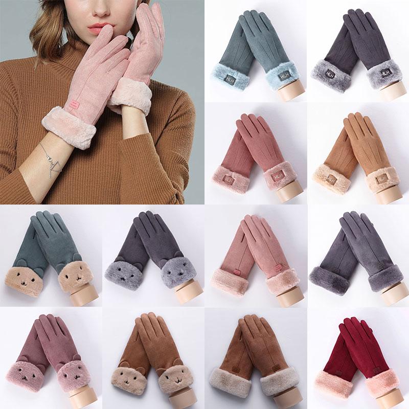 

1 Pairs Cute Bear Mittens Double Thick Plush Warm Faux Cashmere Touch Screen Driving Gloves Suede Leather Full Finger Gloves