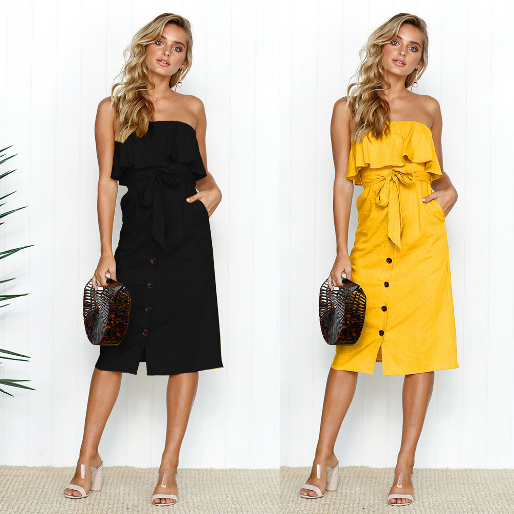 

2021 New Summer Sexy Off Shoulder Party Wrap Women Black Yellow Elegant Ruffle Robe Femme Beach Style Casual Es 840q