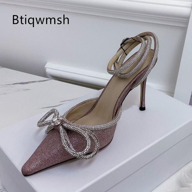 

Silver Sequined Rhinestone Sandals Women Pointed Toe Crystal Butterfly Knot Ankle Strap High Heels Shoes Woman Sexy Party Shoes, Black