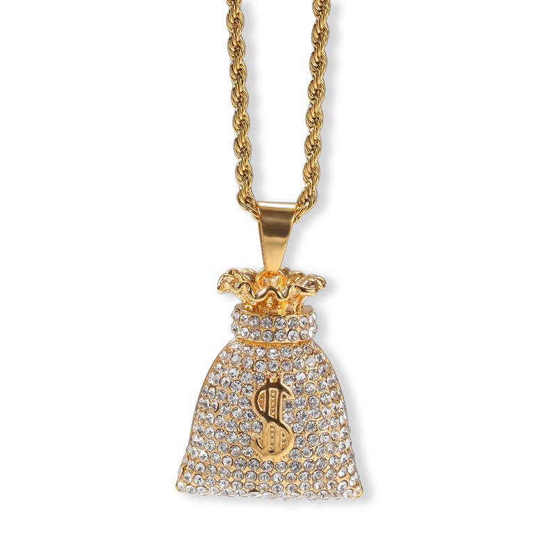 

Hip Hop Full Rhinestones Bling Iced Out Gold Stainless Steel US Dollar Money Bag Pendants Necklace Men Rapper Jewelry $ Sign