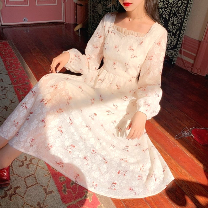 

White Floral Elegant Girlish Impression Sweet Korean Kawaii Girly Party Dress of a Female Play Autumn Clothes 2021 U9ip, The pictures