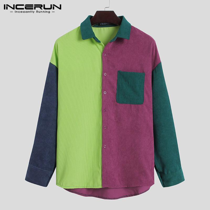 

Leisure Corduroy Shirts Men Patchwork Chemise Long Sleeve Lapel Neck Camisa Man Vinatge Buttons Shirts Streetwear -3XL INCERUN, Green