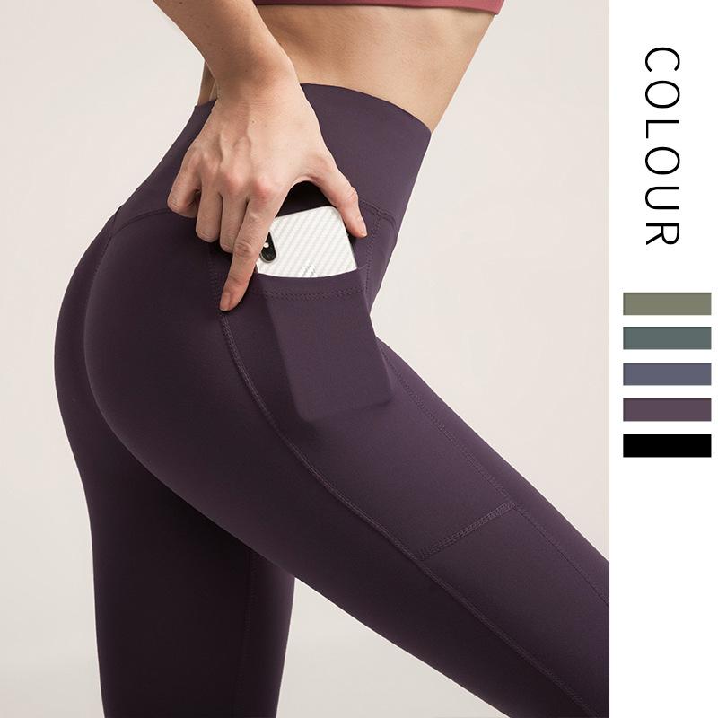 

New autumn and winter nude fitness pants women no embarrassment line yoga pants high waist hip elastic sports peach, Black