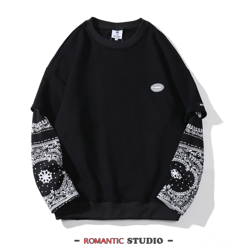

2021 New Two-piece Long Retro Male Shirt Stitch Around Neck Jumper Loose Autumn Hip Caju Flower Couples IJM9, Black