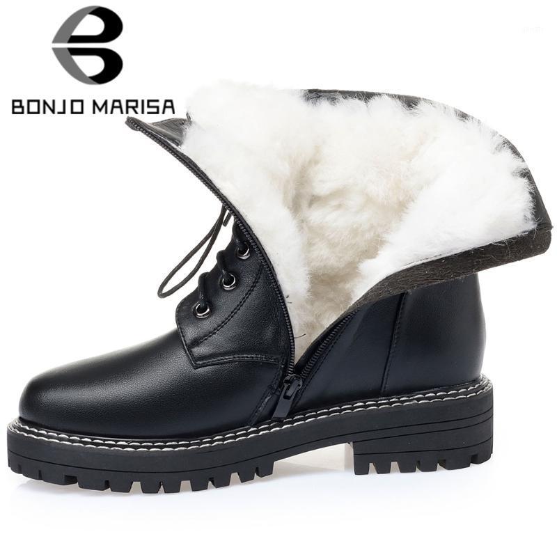 

BONJOMARISA genuine leather female brand short plush warm winter boots lace up sewing low heel boots women casual shoes woman1, Black fur