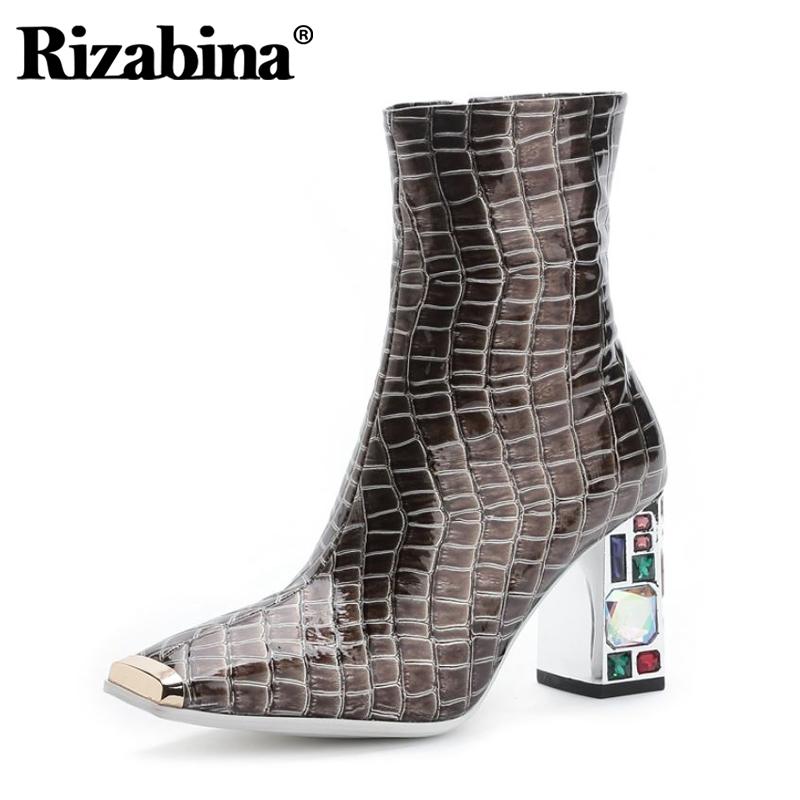 

Rizabina Women Shoes Ankle Boots Square Toe Thick High Heel Zipper Colorful Crystal Stone Pattern Female Footwear Size 34-48, Black