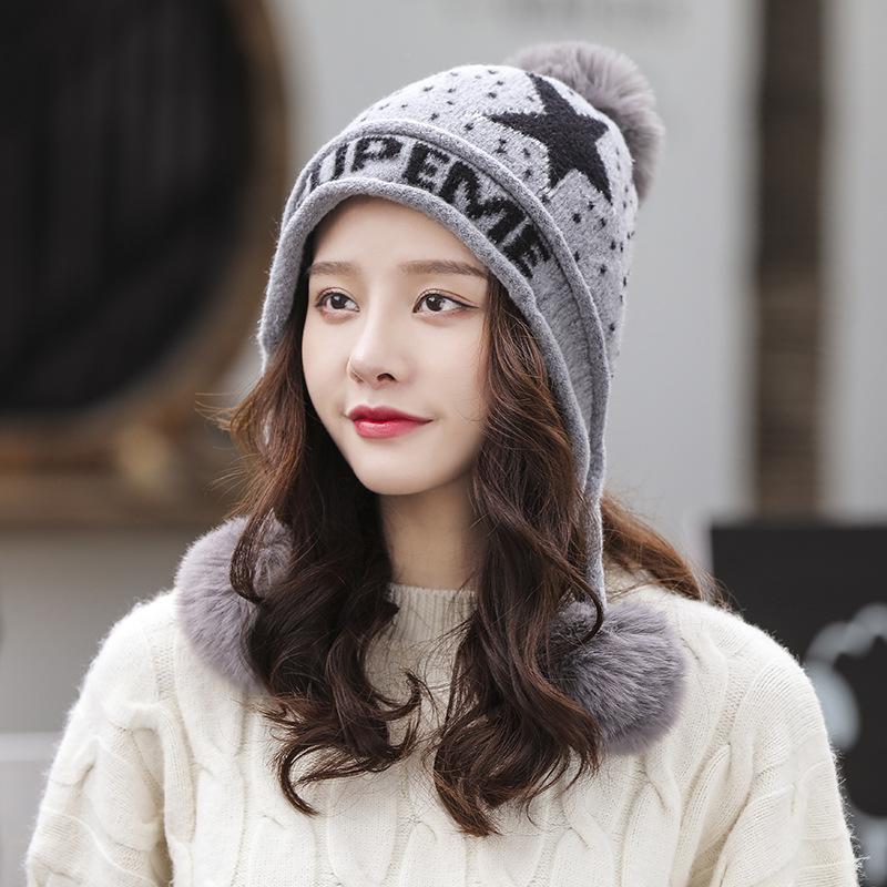 

2020 Women039s Hat Knitted Wool Warm Winter Beanie Thickened Windproof Cap Big Stars with Pompoms Designer Bonnets, White