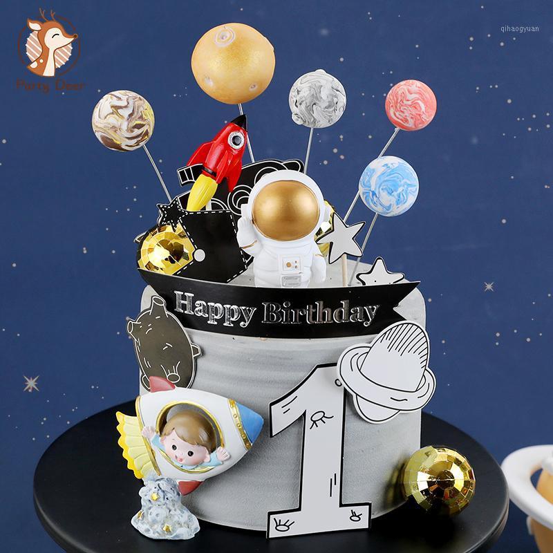 

Universe Stars Rocket Astronaut Moon Happy Birthday Letter Decoration Cake Topper Dessert for Children's Day Lovely Gifts1