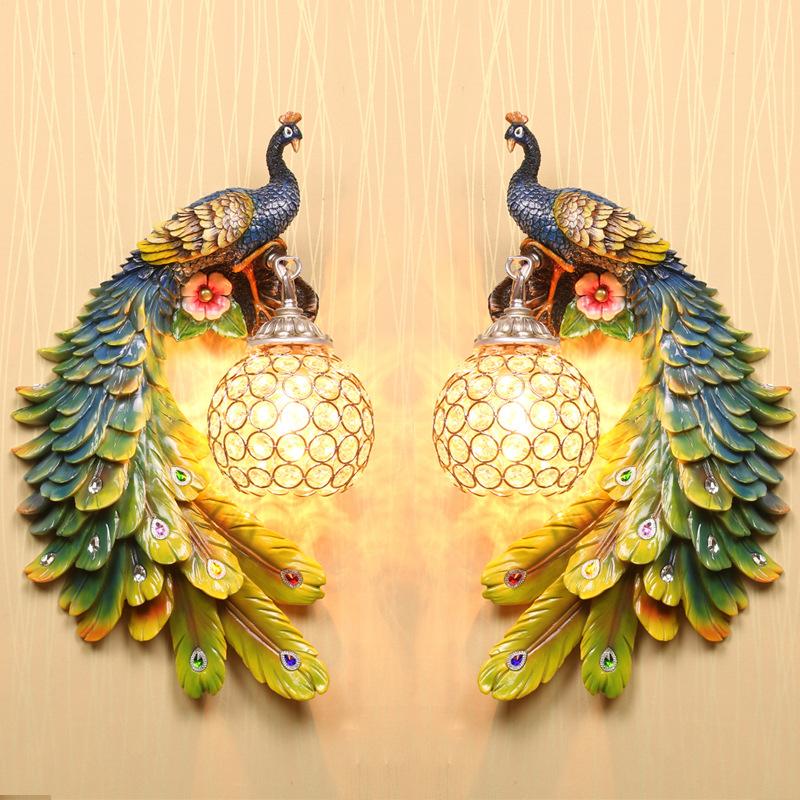 

European Art Colorful Peacock Wall Lamp Crystal Lamp Shade Garden Bedroom Corridor Living Room TV Background Wall Resin Light
