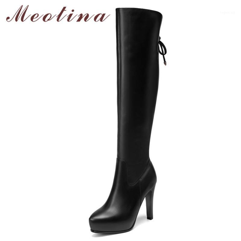

Meotina Winter Over The Knee Boots Women Natural Genuine Leather Thin Heels Tall Boots Zip Super High Heel Shoes Lady Size 34-391, Black