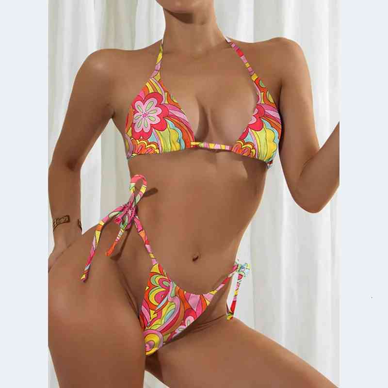 

micro floral bikini set women 2 pieces swimsuit push up padded thongs biquini halter bathing suit beachwear, White;black