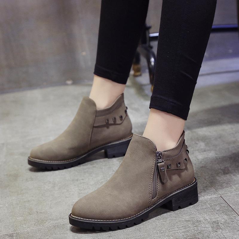 

2021 New Autumn Winter Women's Casual Boots Shoes Retro Pointed Toe Med Heel Ankle Boots Slip on Female Flats Shoes, Khaki