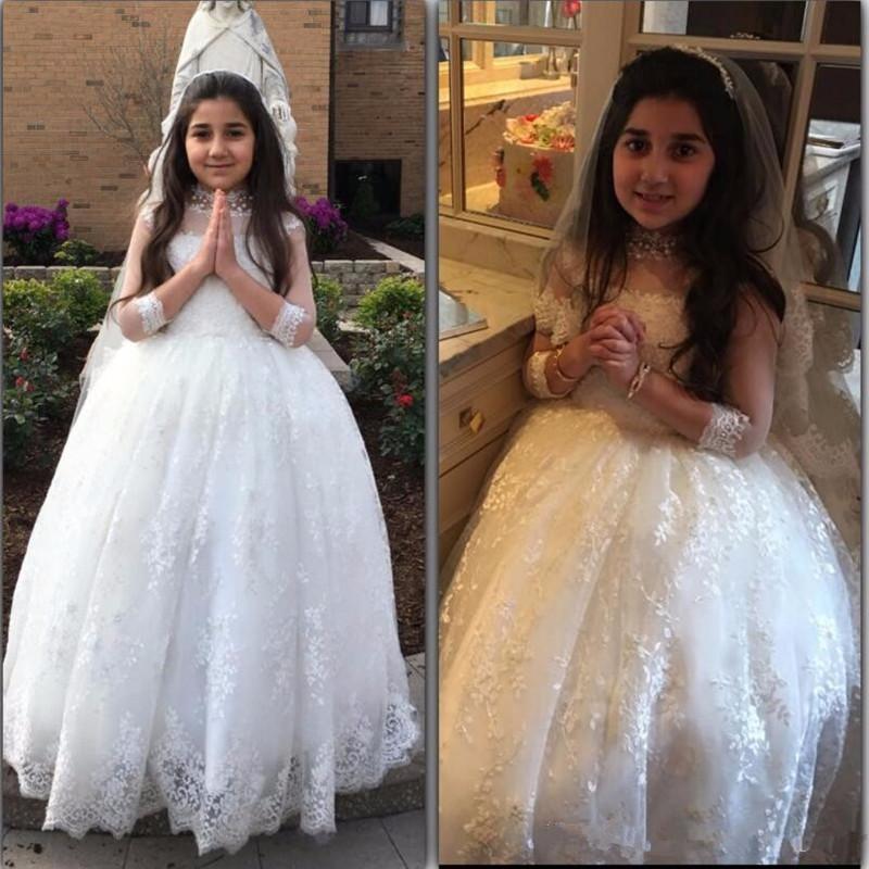 

High Neck Arabic Lace Flower Girl Dresses White Tulle Kid Birthday Party Christmas Communion Dresses for Wedding Party, Blue