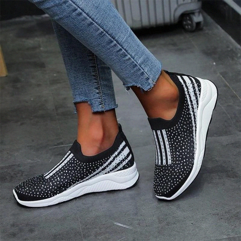 

Women Vulcanize Shoes Crystal Shiny Elastic band Sock Shoes Woman Comfortable Casual Loafers Slip On Female Sneakers #Hk3w, Black