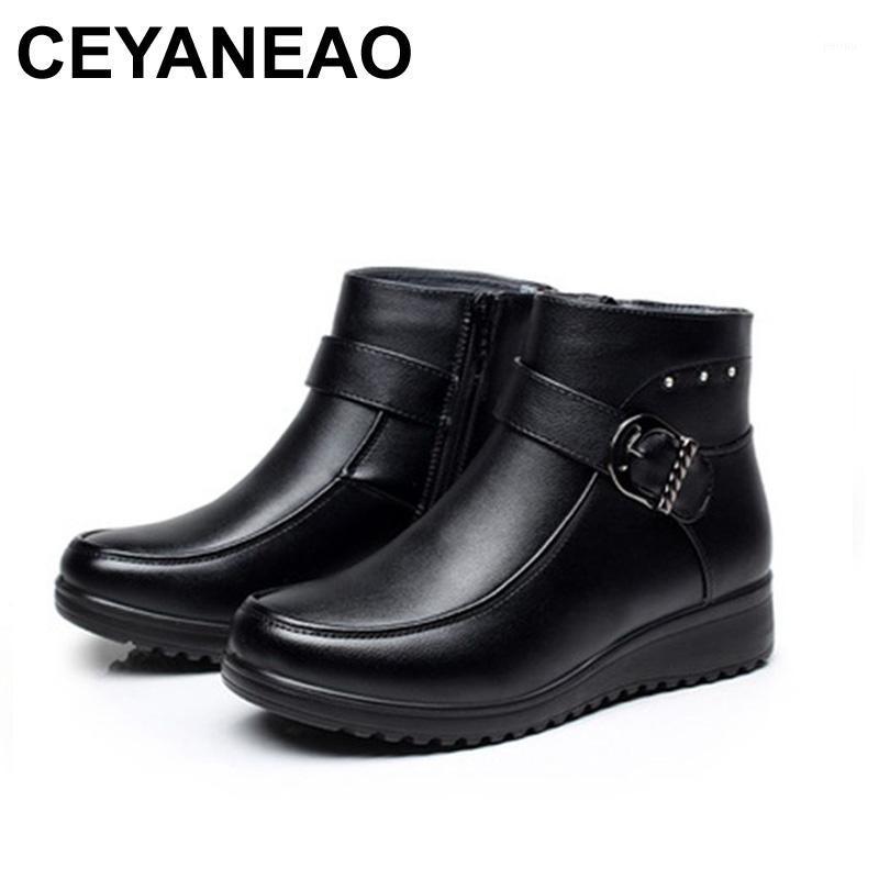 

CEYANEAO Fashion Winter Boots Women Genuine Leather Flat Ankle Boots Casual Warm Shoes Woman Snow Women Plus Size1, Black