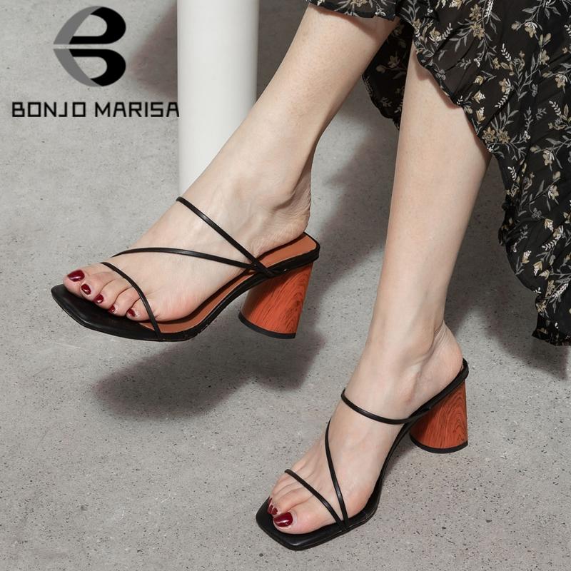 

BONJOMARISA Summer Concise Narrow Band Dress Mules All Genuine Leather Heeled Mules Women 2020 High Heels Summer Shoes Woman, Black