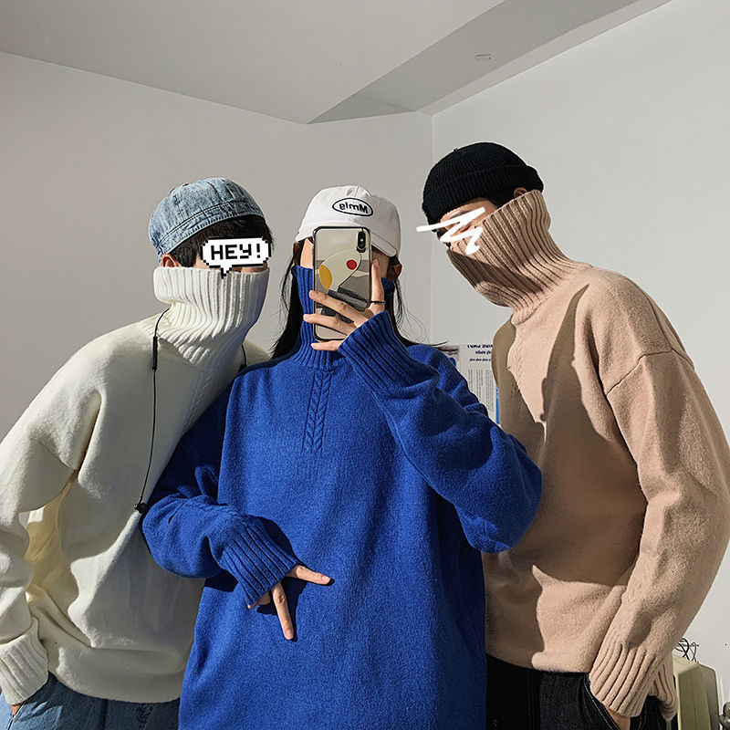 

2021 New Winter Couple Sweaters Casual Oversize Men's Pullovers Korean Streetwear Turtleneck Soild Color Male Sweater HESZ, White