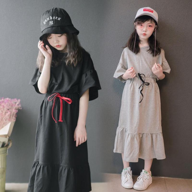 

Spring Summer Girls Dress Children Clothes Tshirt+Skirt 2Pce Bowknot Casual Outfits Paternity Dress Sets Teenage Skirts 4-12Year, Black