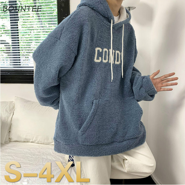 

Men with Hat Hoodies Lambswool Front Pocket Warm All-match Letter Male Fashion Streetwear Baggy Korean Chic, Creamy-white