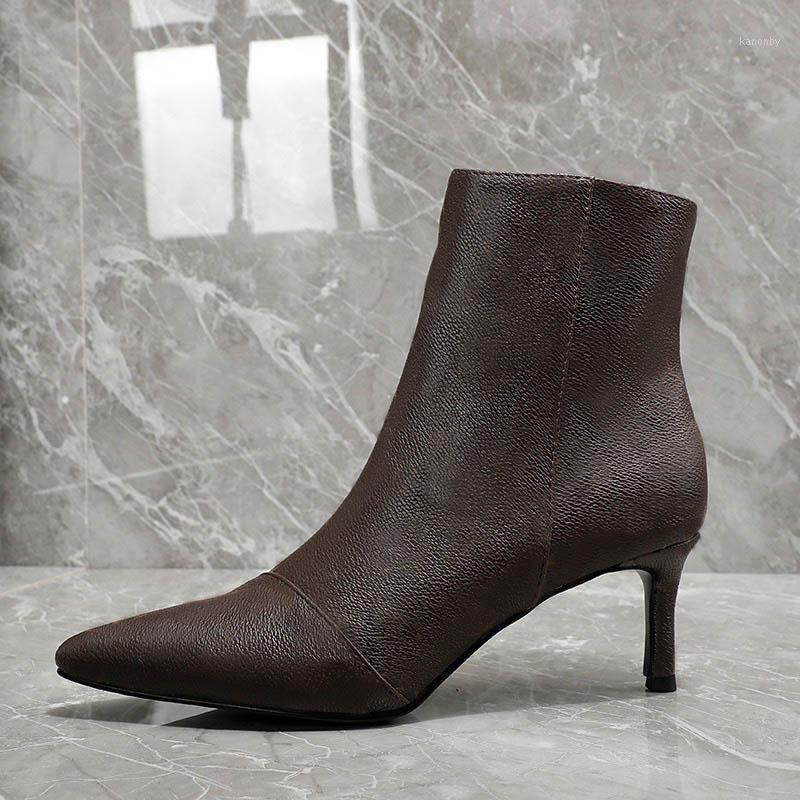 

2020 Leather Shoes High Heel Women Boots Thin Heel Pointed Toe Winter Boots New Fashion Pure Black Shoes 34-411