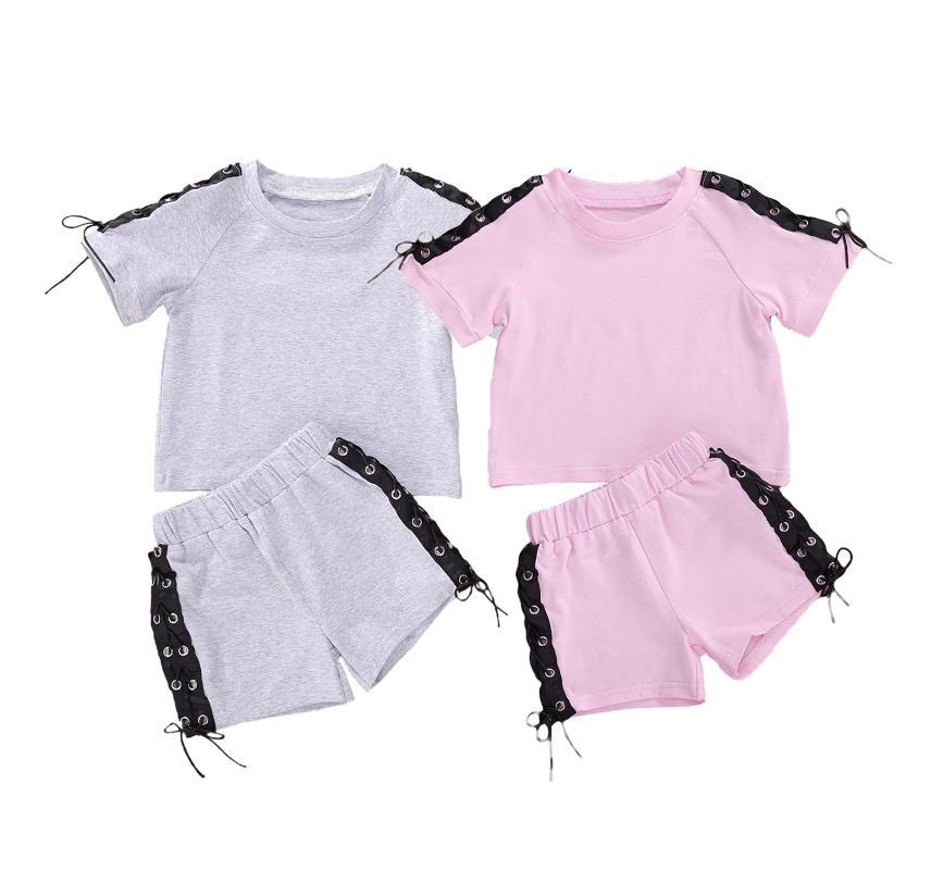 

2020 Infant Children Baby Girls Short Sleeve Tops Shirt Shorts Bandage Summer Solid Outfits Streetwear 2Pcs Set 1-6Years, Pink