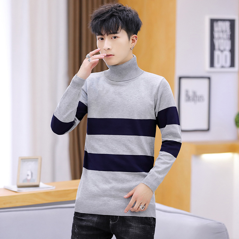 

2021 Winter Autumn and New Style Korean Youth-fine Tuning of Turtlenecks High Male Stripes Sweater Wear the Generation o Drrf, Red