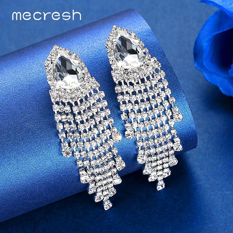 

Mecresh Fashion Rhinestone Women Wedding Long Tassel Earrings Silver Color Crystal Bridal Wedding Fringe Drop Earrings MEH1636