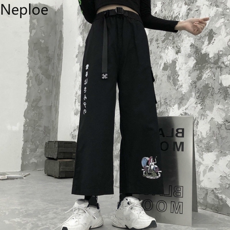 

Neploe Japanese Wide Leg Cargo Pants Harajuku Cartoon Printed Ankle Trousers Autumn Stretch Waist Pants with Belt 55135 201031, Pic 1