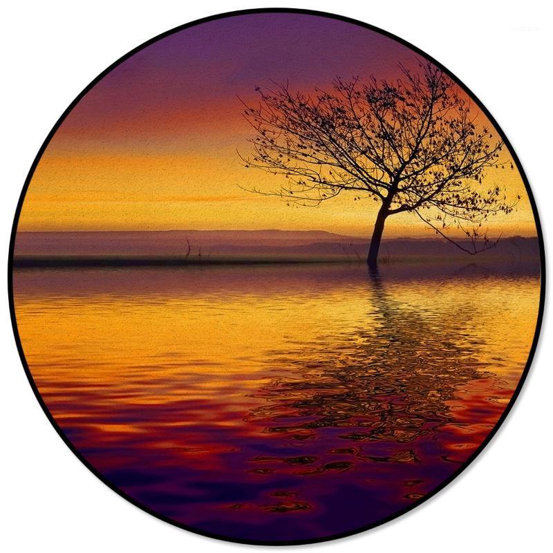 

Sunset Lake Tree Reflection Pattern Rugs and Carpets for Home Living Room Round Rug for Children Rooms Non-slip1, As pic