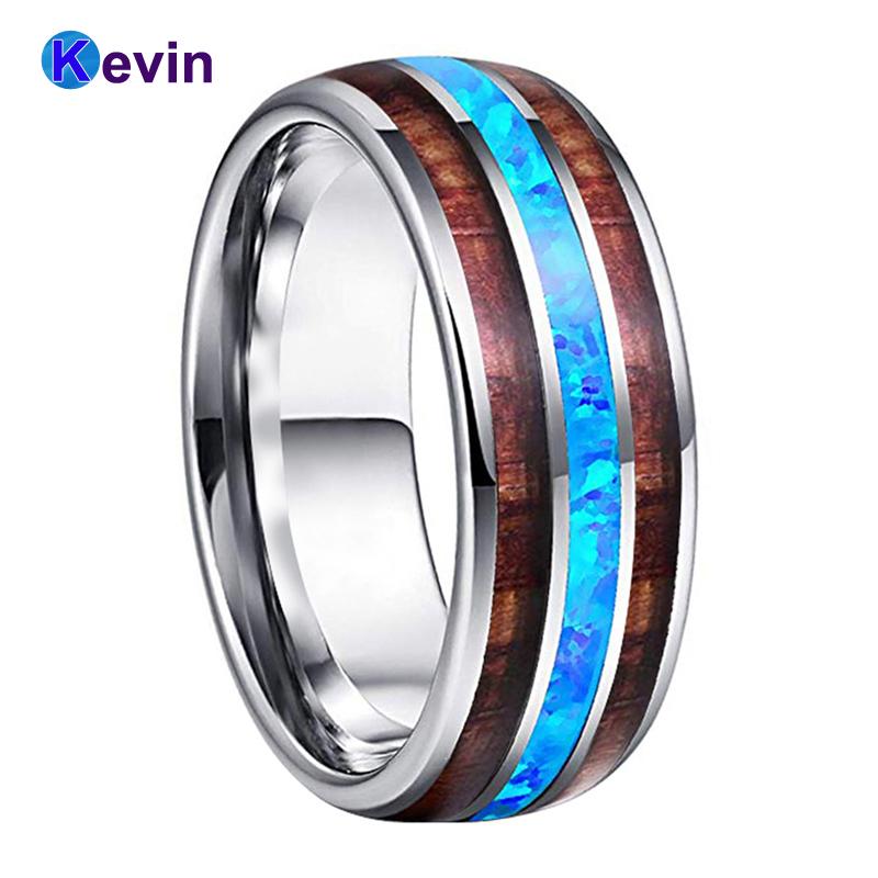 

Blue Opal Ring Men Women Tungsten Wedding Bands With Shiny Opal and Koa Wood Inlay Domed Polished Finish Width 8MM Comfort Fit