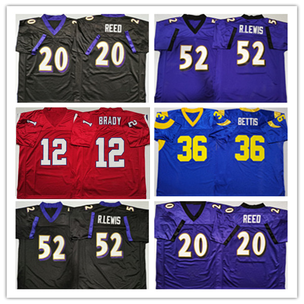 

Men College Retro American Football Jerseys 12 Tom Brady 20 Ed Reed 52 Ray Lewis Jerome Bettis Stitched Black Purple Red Blue, As pic