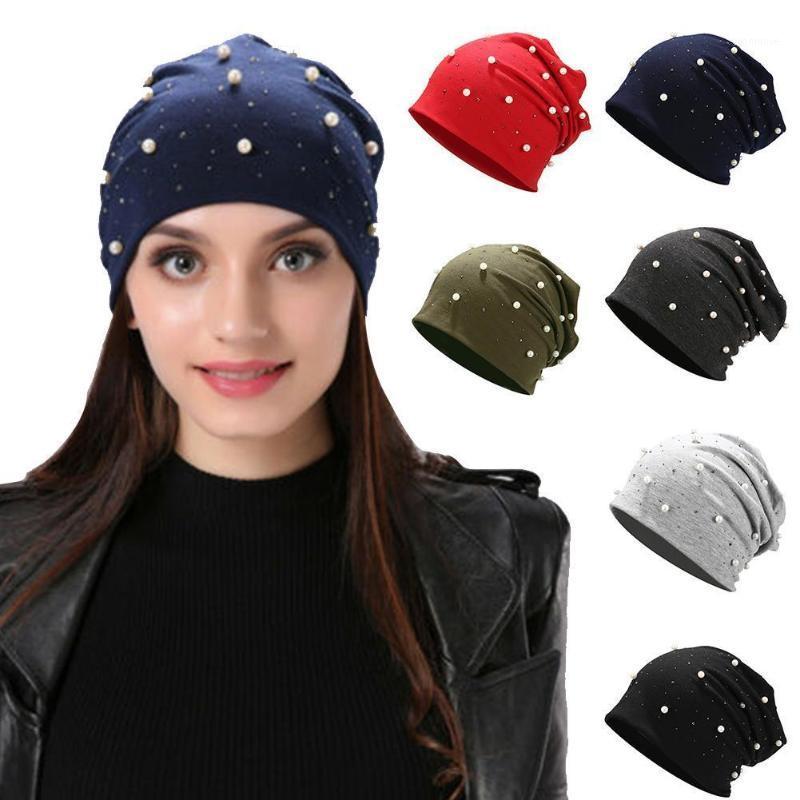 

Pearl Hot Rhinestone Cotton Pullover Cap Unsex Autumn Solid Cotton Beanies Color Warm Winter Soft Hats N8G51