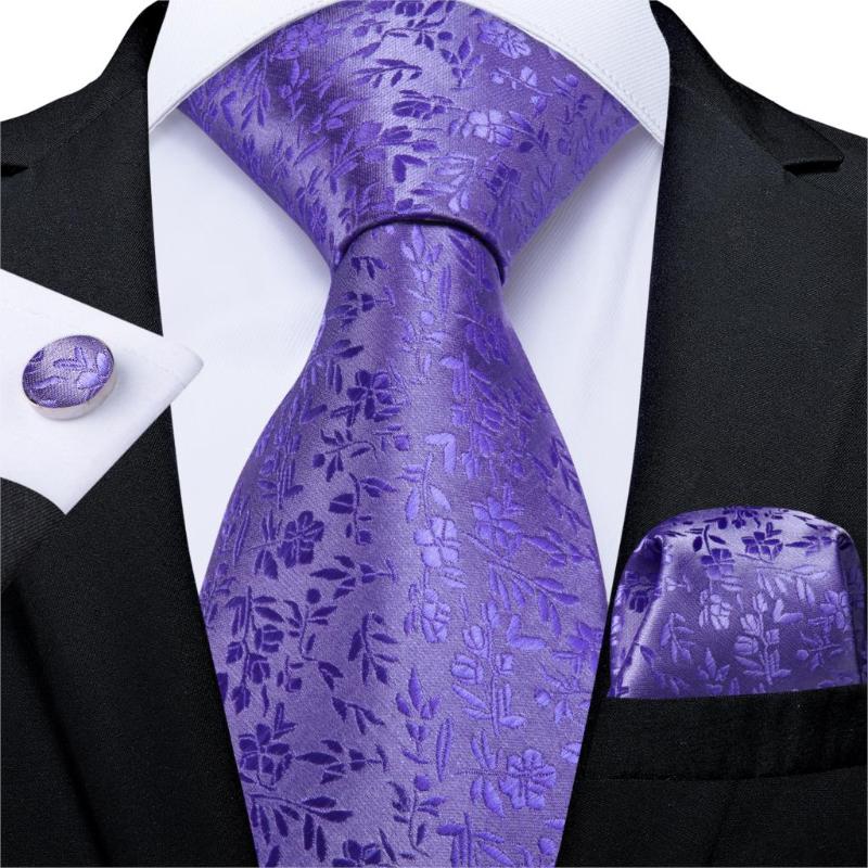 

New Designer Gift Men Tie Purple Solid Floral Silk Wedding Tie For Men Hanky Cufflink Business Set DiBanGu Party MJ-7266