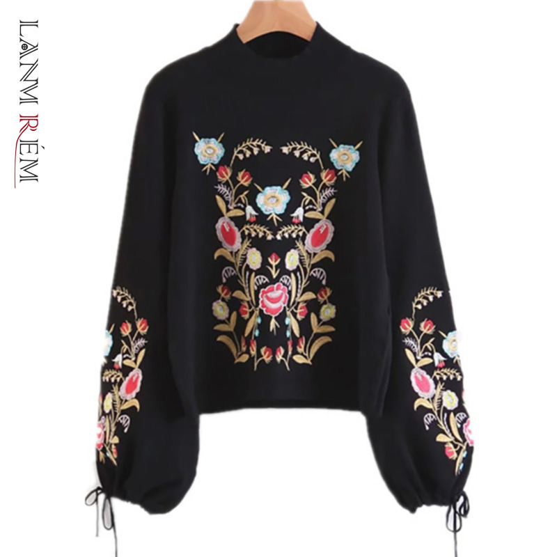 

LANMREM autumn winter embroidery pullover vintage lantern sleeve sweater o-neck loose kintting tops for female YJ723 210203, Black