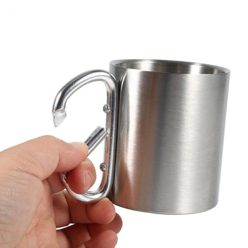 

220ML Stainless Steel Metal Camping Cups Traveling Outdoor Cup Double Wall Mug With Carabiner Hook Handle Coffee Mug Cup, As pic