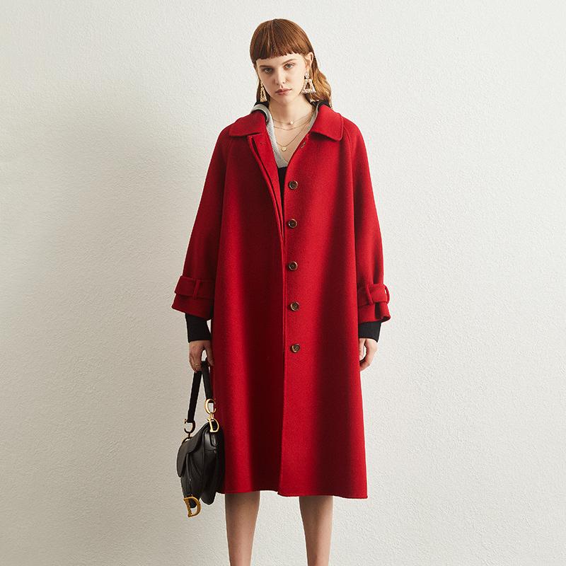 

Long women's 100% wool coat Double sided cashmere coat 2020 winter new high-end red wedding woolen loose wool large size, See chart