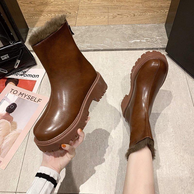 

Boots Flat Platform Women Shoes Autumn Boots-Women Winter Footwear Luxury Designer Round Toe 2020 Rock Med Ladies