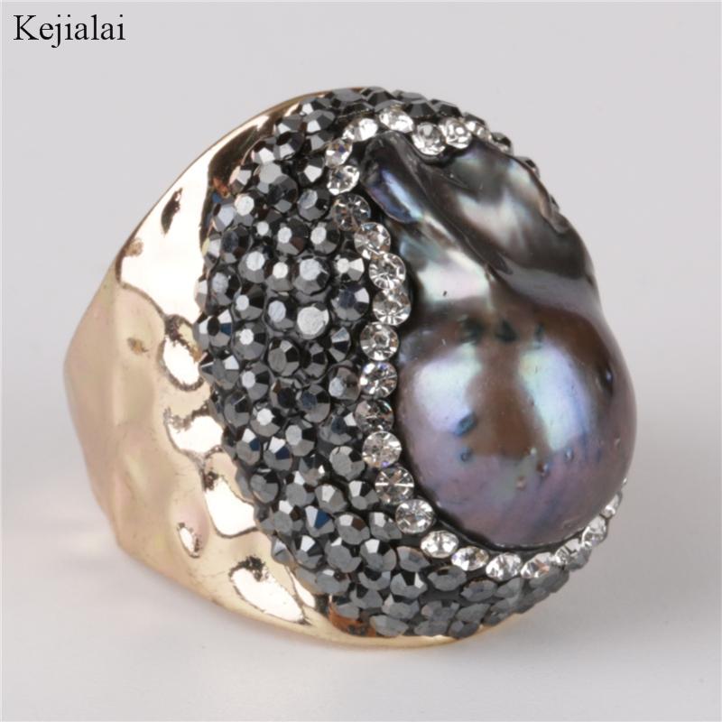 

natural rough big black freshwater pearl bead charm wrap adjustable resizable wide gold open hammered ring cuff for woman man