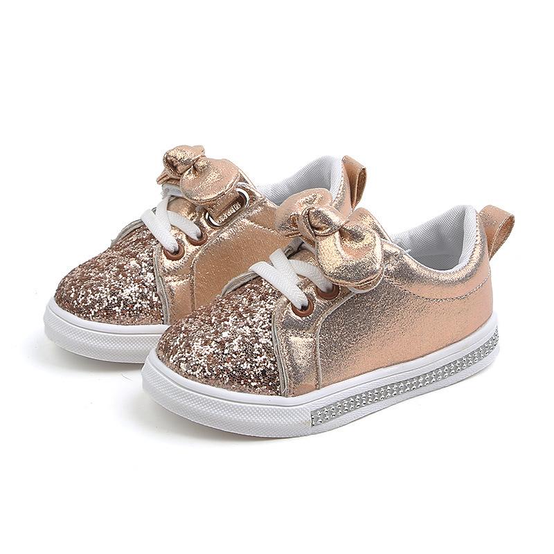 

2020 Spring Autumn Girls Shoes Baby Sneakers Children Casual Shoes Fashion Bow-knot Glitter Soft Non-slip Kid Flat Princess Shoe, Pink