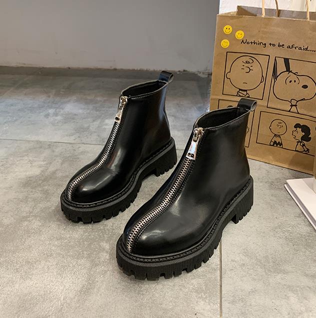 

New autumn winter 2020 thick bottom front zipper short boots ins web celebrity skinny boots Martin boots British style, Black