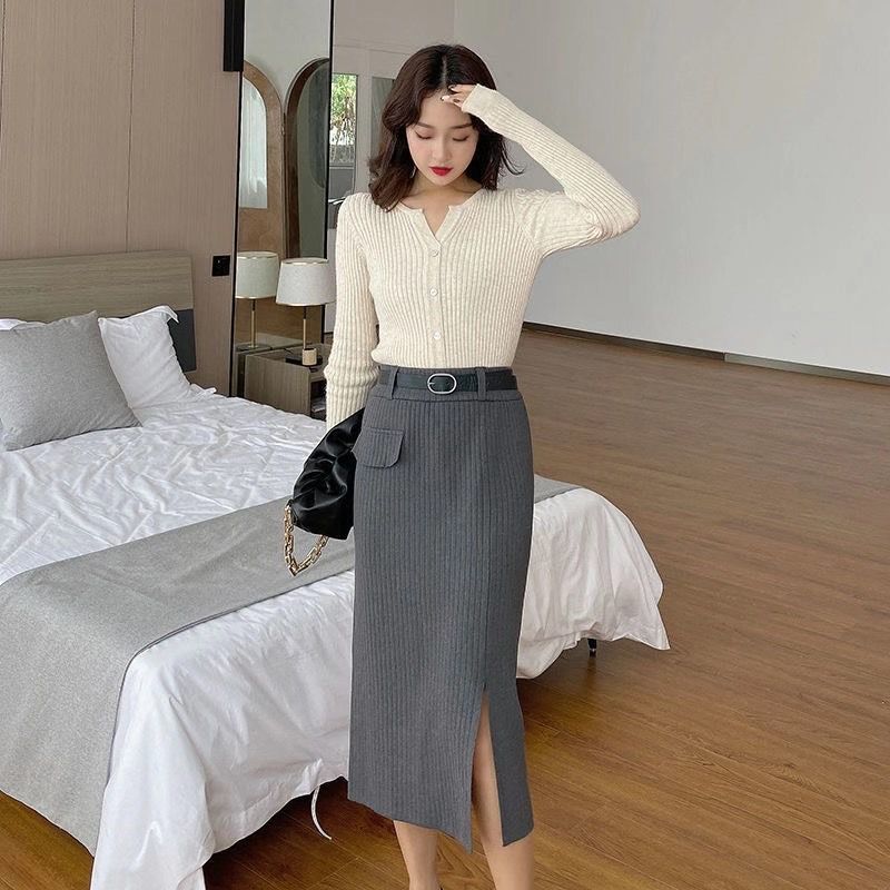 

New spring 2021 female knitting black pocket skirts bag hip slit a y341 line 8EEN, Heise
