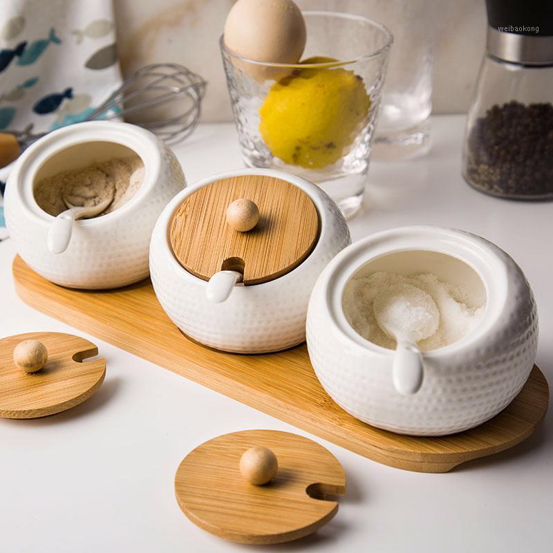 

MOM'S HAND Ceramic Condiment Storage Jar Household Seasoning Pot Bamboo Tray Spice Jar Soy Sauce Box Salt Sugar Can Organizer1