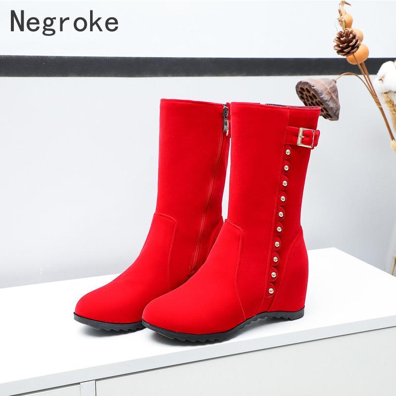 

New Women Autumn Winter Boots Cute Frosted Velvet Mid-calf Boots Shoes Woman Height Increase Botines Wedges Botas Mujer1, Black