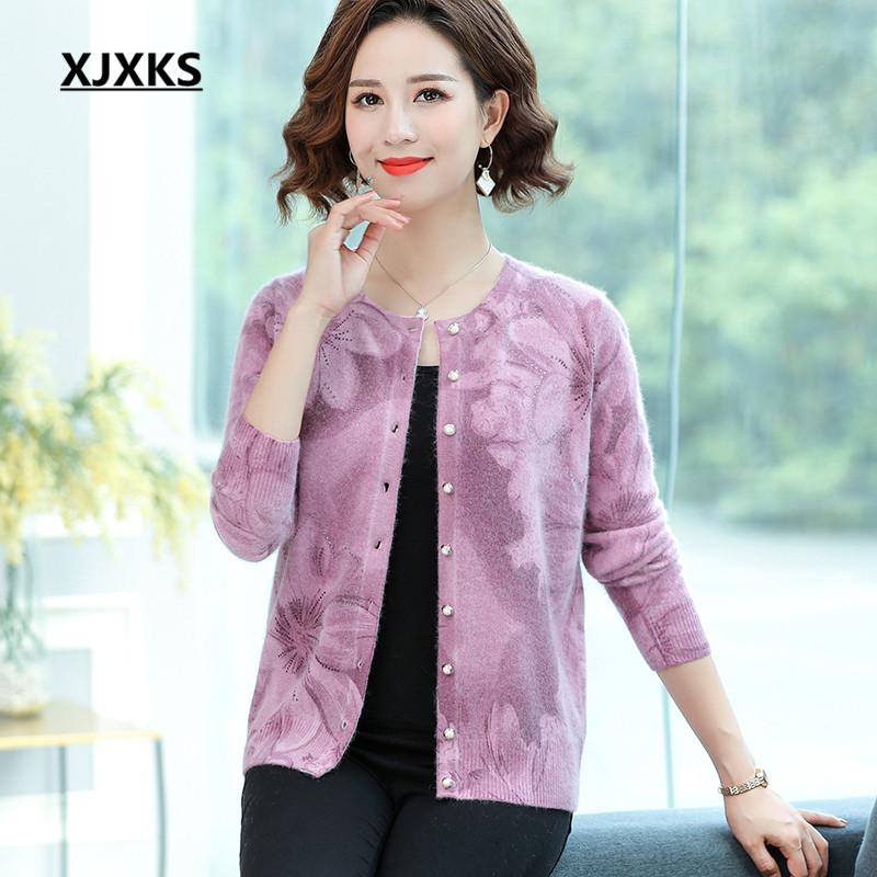 

XJXKS High-end cashmere + velvet blended knitted cardigan women sweater 2020 winter new plus size women printing sweater