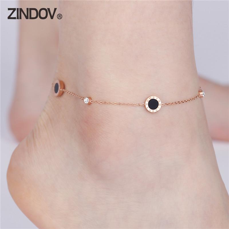 

ZINDOV Foot Anklet Bracelets For Women Gold Flower Crystal Charms Summer Beach Bracelets Stainless Steel Rose Gold Leg Jewelry
