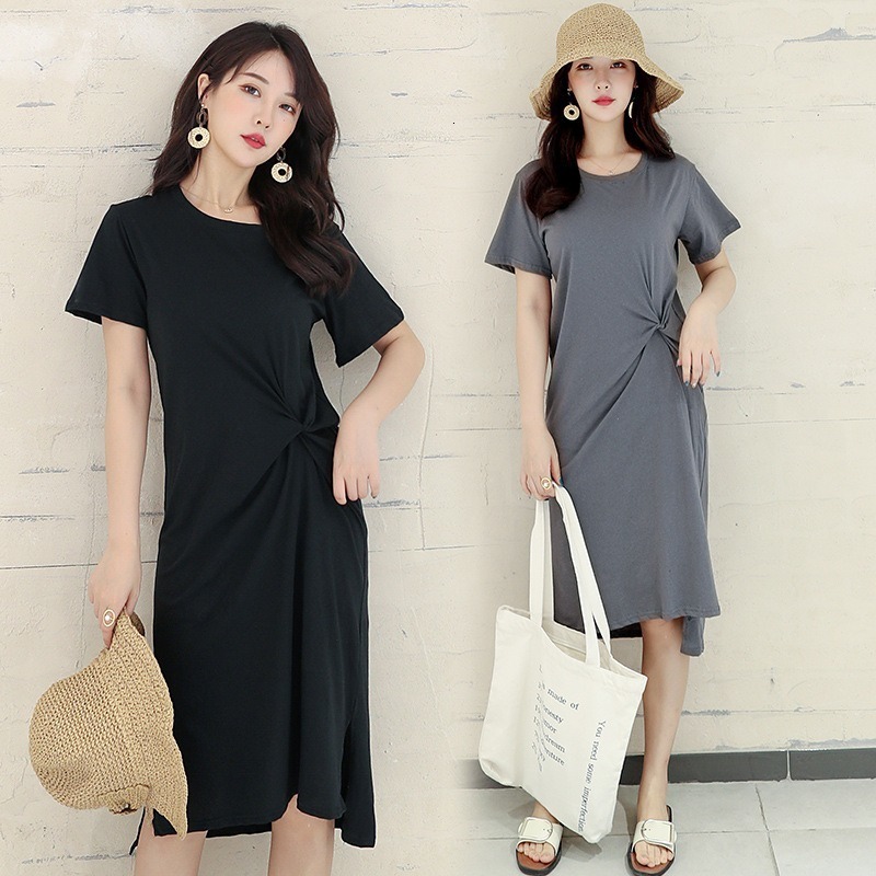 

2021 New T-shirt hemp flowers woman's dress cotton and soft linen solid in summer big skinny size hidden short-sleeve meat skirt D3B3, Apricot