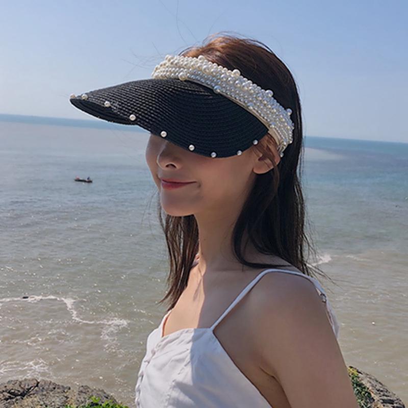

Wide Brim Hats Summer Women Pearl Headband Hat Visor Caps For Girls Beach Braided Fashion Cap Lady Straw Sun, Beige 1