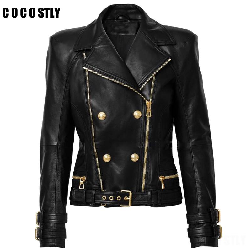 

2020 New Leather Jacket Women' Coat Double Breasted Lion Buttons Faux Leather Jacket Motorcycle Biker veste femme, Black