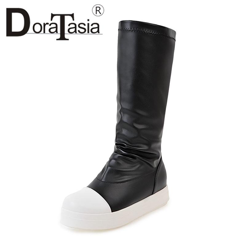 

DoraTasia Large Size 34-42 Add Fur Flat Heels Thick Bottom Slip On Women Shoes Autumn Winter Mixed Color Girls Mid Calf Boots, Black
